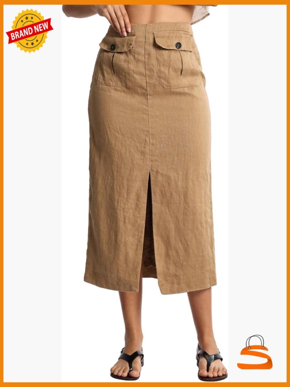 Pure Linen Midi Skirt Straight Cut with Pockets Zipper